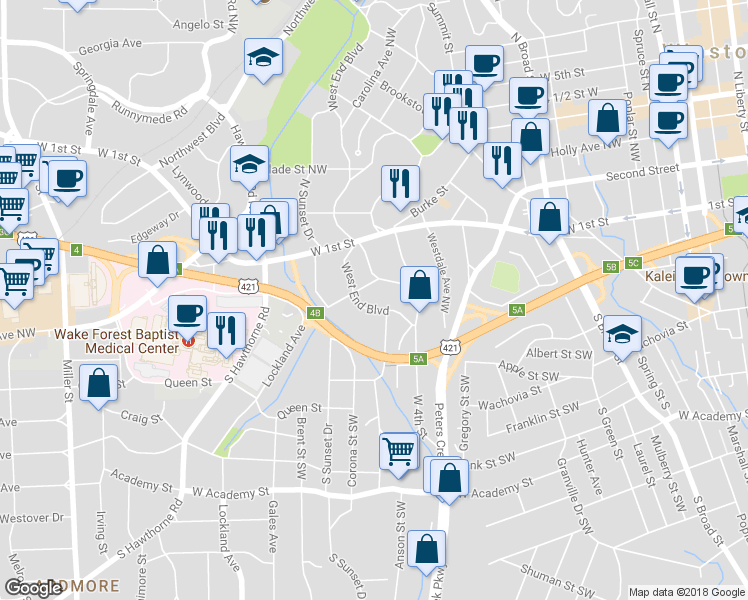 map of restaurants, bars, coffee shops, grocery stores, and more near 1406 Jarvis Street Southwest in Winston-Salem
