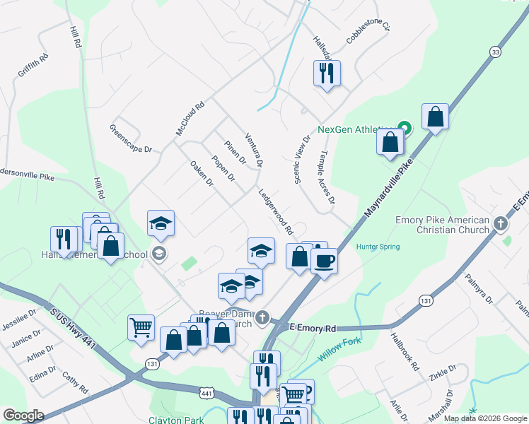 map of restaurants, bars, coffee shops, grocery stores, and more near 7538 School View Way in Knoxville