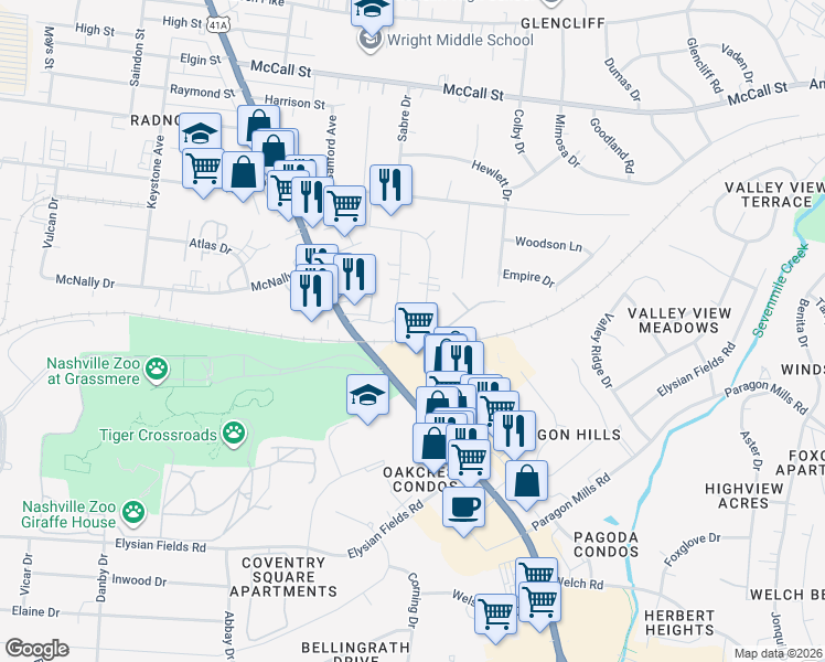 map of restaurants, bars, coffee shops, grocery stores, and more near 205 Yelton Court in Nashville