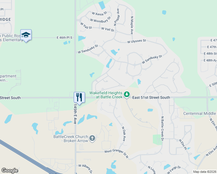 map of restaurants, bars, coffee shops, grocery stores, and more near 1711 West Plymouth Place in Broken Arrow
