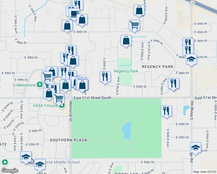 map of restaurants, bars, coffee shops, grocery stores, and more near 8506 East 50th Street in Tulsa