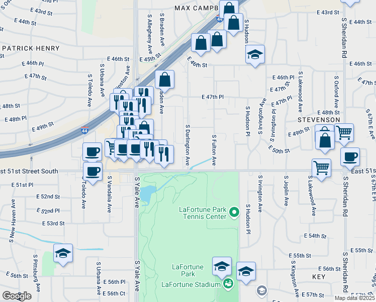 map of restaurants, bars, coffee shops, grocery stores, and more near 4883 South Darlington Avenue in Tulsa