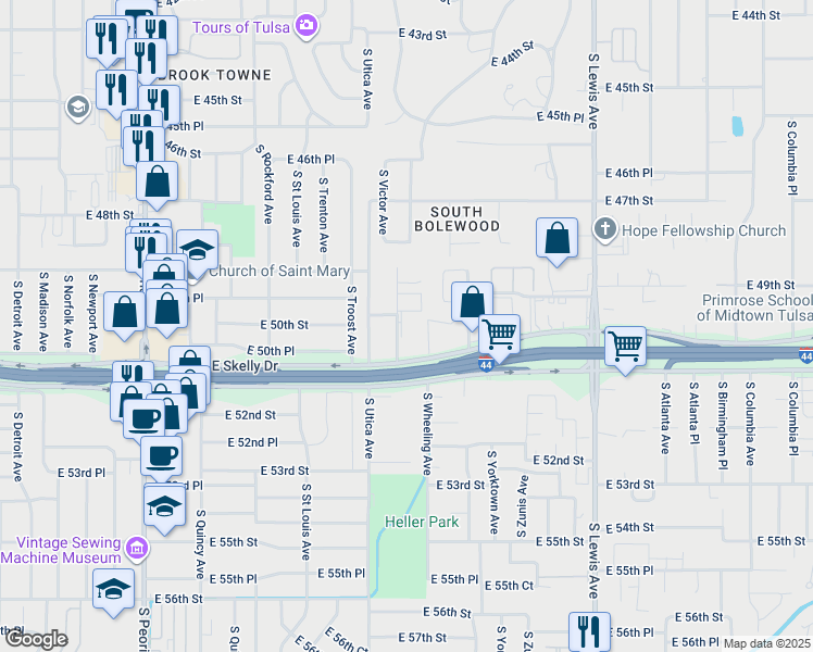 map of restaurants, bars, coffee shops, grocery stores, and more near 4849 South Victor Avenue in Tulsa