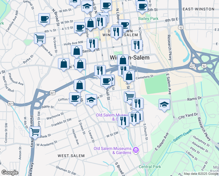 map of restaurants, bars, coffee shops, grocery stores, and more near 243 Marshall Street Southwest in Winston-Salem