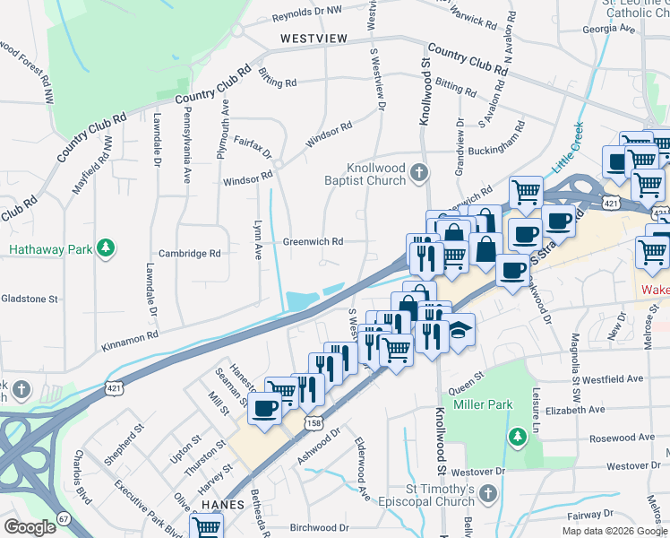 map of restaurants, bars, coffee shops, grocery stores, and more near 520 Buckingham Road in Winston-Salem