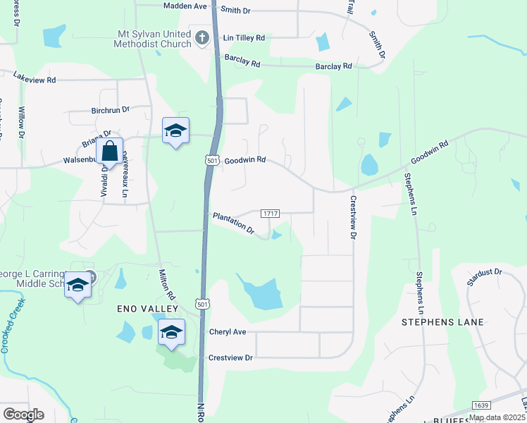 map of restaurants, bars, coffee shops, grocery stores, and more near 143 Twin Oaks Drive in Durham