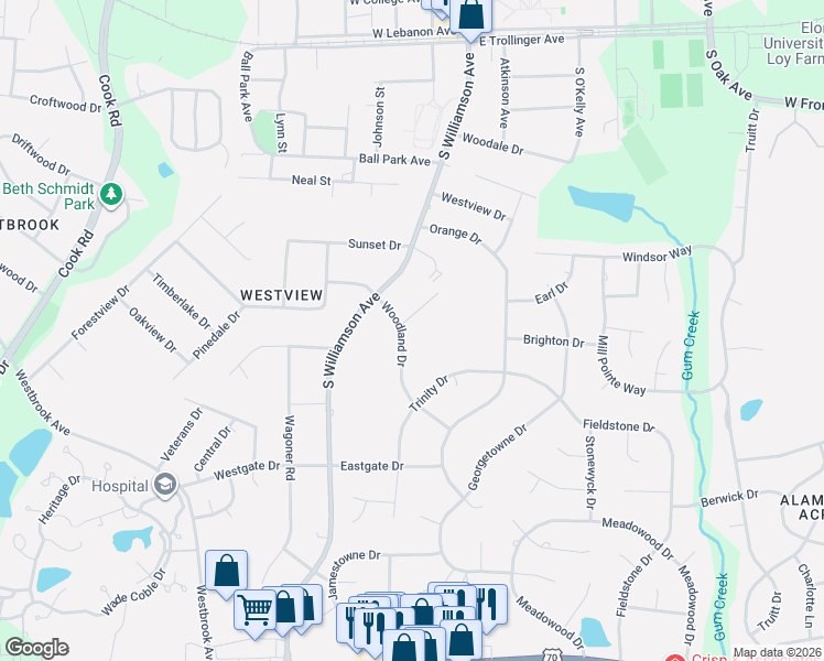 map of restaurants, bars, coffee shops, grocery stores, and more near 113 Whitesell Dr in Elon