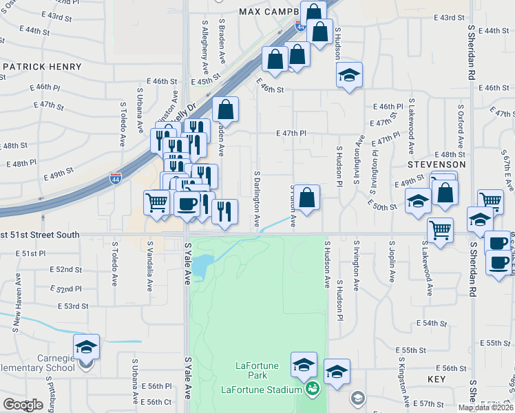 map of restaurants, bars, coffee shops, grocery stores, and more near 4883 South Darlington Avenue in Tulsa