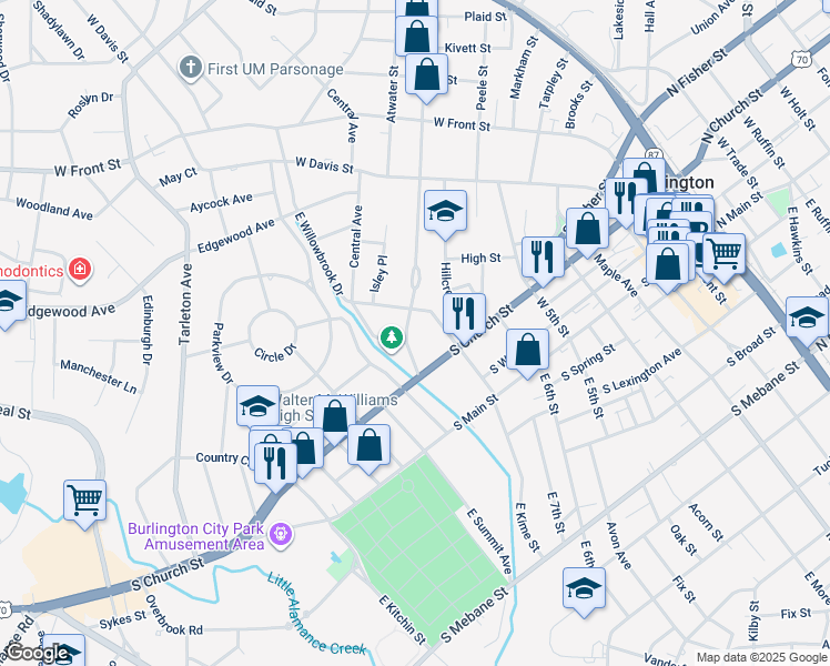 map of restaurants, bars, coffee shops, grocery stores, and more near 331 Fountain Place in Burlington