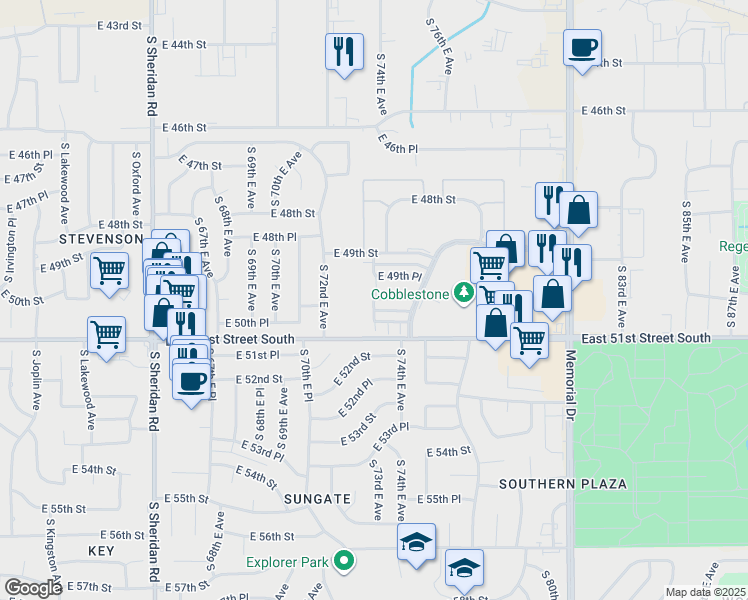 map of restaurants, bars, coffee shops, grocery stores, and more near 7319 East 50th Street in Tulsa