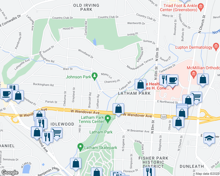 map of restaurants, bars, coffee shops, grocery stores, and more near 1309 Latham Road in Greensboro