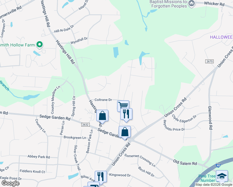 map of restaurants, bars, coffee shops, grocery stores, and more near 888 Appaloosa Trail in Kernersville