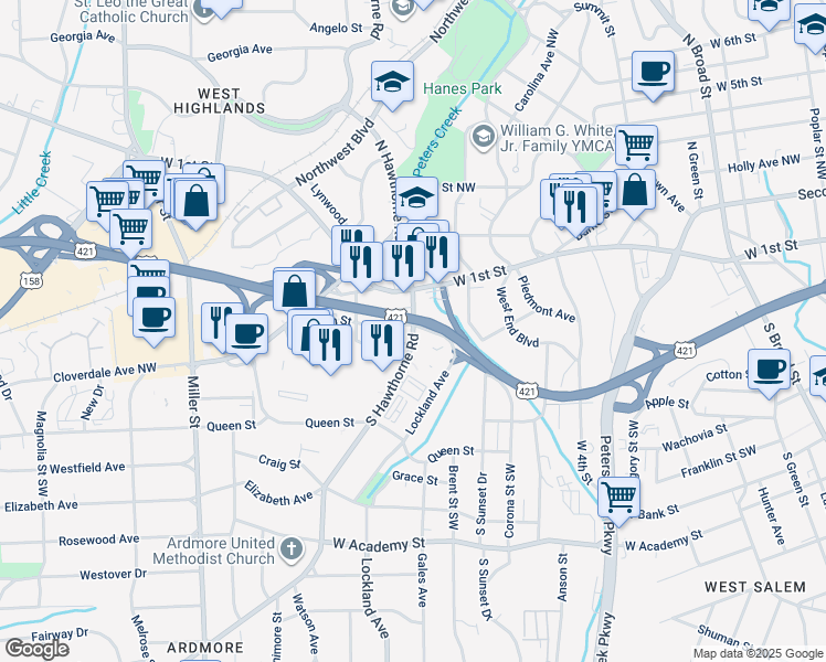 map of restaurants, bars, coffee shops, grocery stores, and more near 202 South Hawthorne Road in Winston-Salem