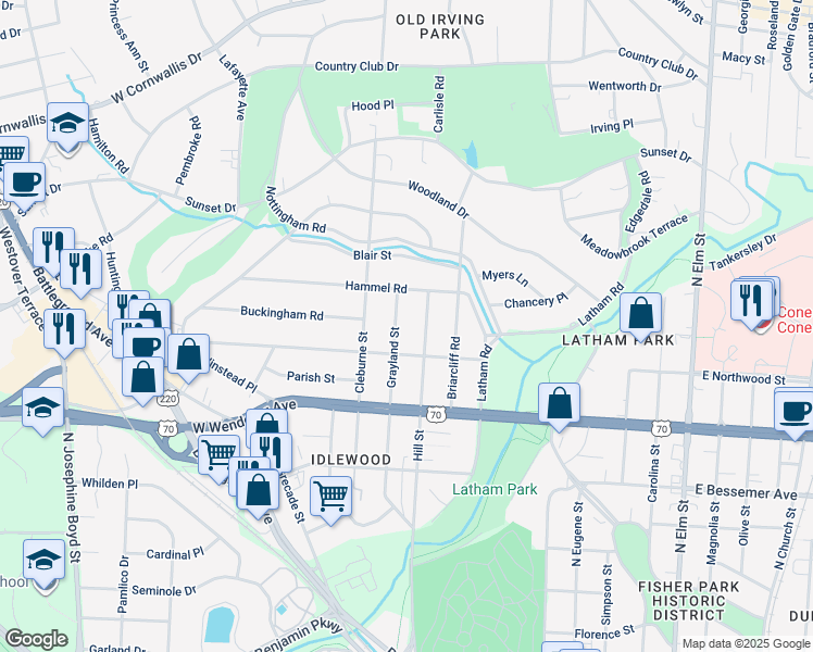 map of restaurants, bars, coffee shops, grocery stores, and more near 1208 Grayland Street in Greensboro