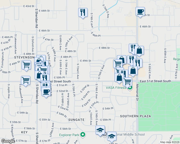 map of restaurants, bars, coffee shops, grocery stores, and more near 7323 East 50th Street in Tulsa