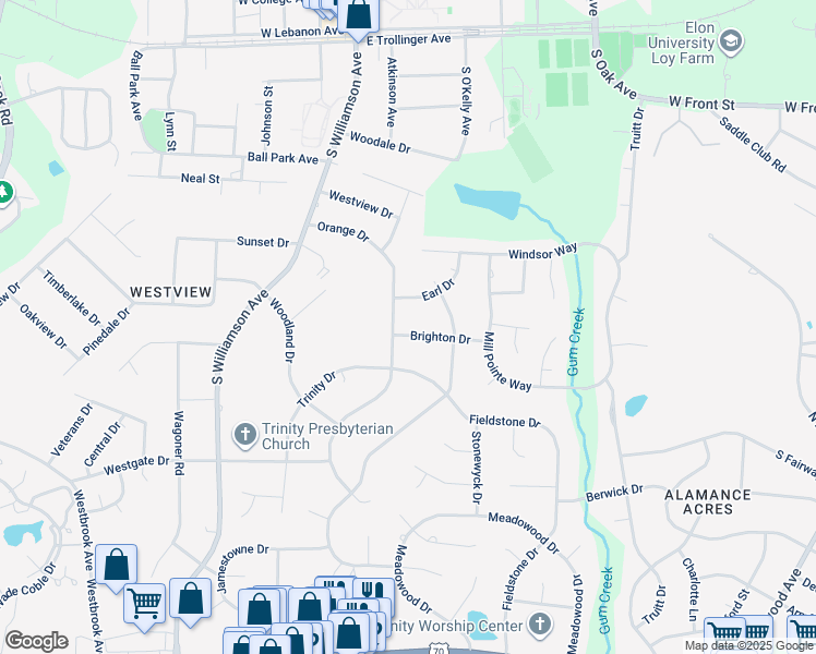 map of restaurants, bars, coffee shops, grocery stores, and more near 203 Brighton Drive in Elon