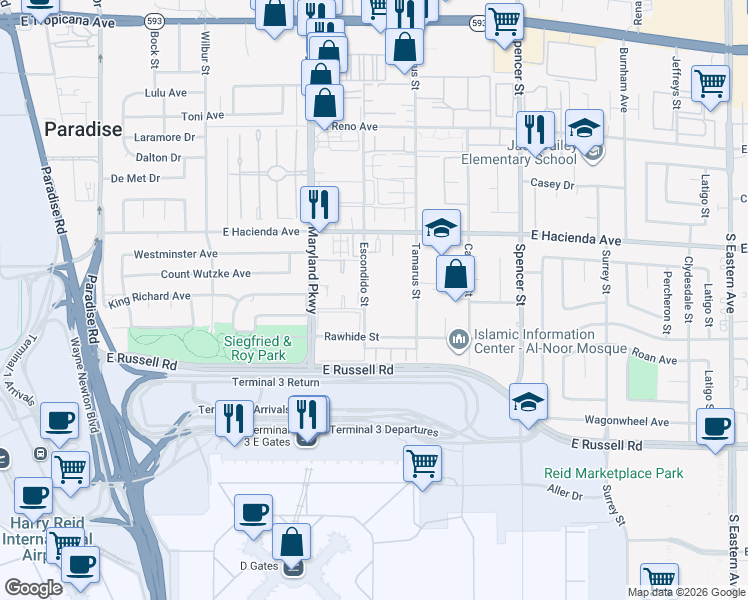 map of restaurants, bars, coffee shops, grocery stores, and more near 5440 Escondido Street in Las Vegas