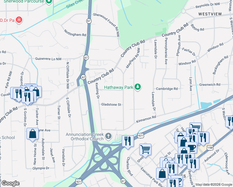 map of restaurants, bars, coffee shops, grocery stores, and more near 3420 Royalton Street in Winston-Salem