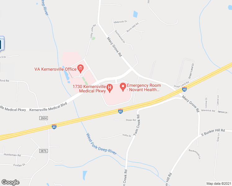 map of restaurants, bars, coffee shops, grocery stores, and more near 1750 Kernersville Medical Parkway in Kernersville