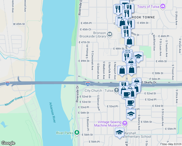 map of restaurants, bars, coffee shops, grocery stores, and more near 4942 South Cincinnati Avenue in Tulsa