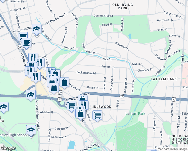 map of restaurants, bars, coffee shops, grocery stores, and more near 1113 Buckingham Road in Greensboro