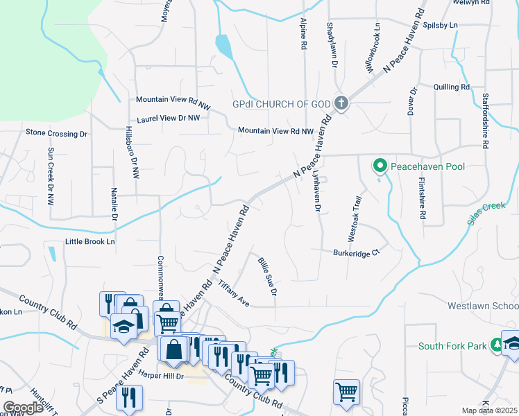 map of restaurants, bars, coffee shops, grocery stores, and more near 241 North Peace Haven Road in Winston-Salem