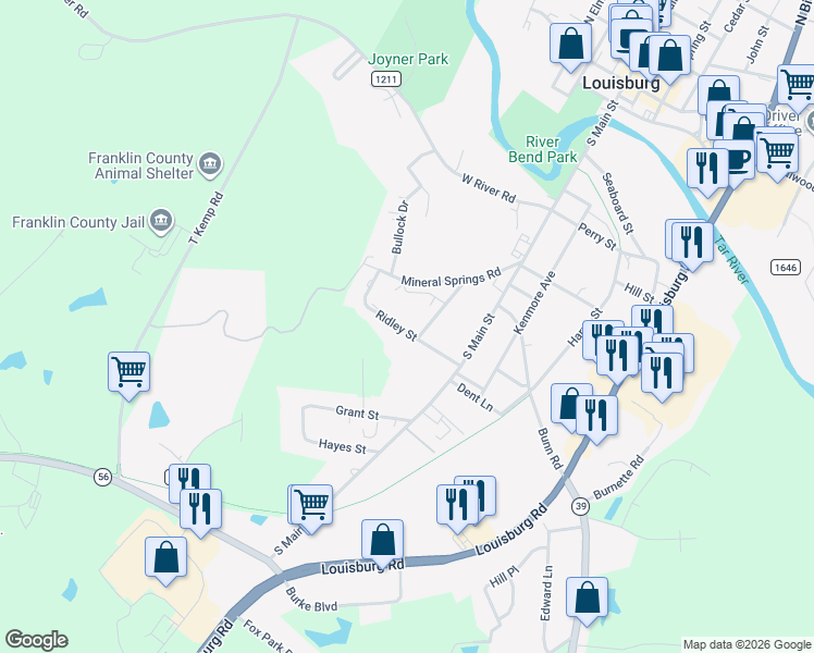 map of restaurants, bars, coffee shops, grocery stores, and more near 402 Ridley Street in Louisburg
