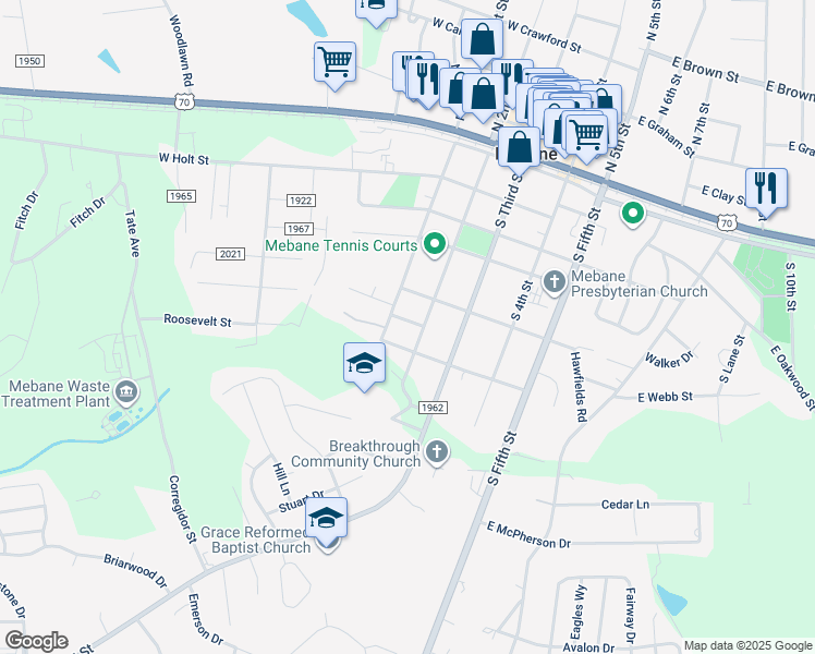 map of restaurants, bars, coffee shops, grocery stores, and more near 305 West Austin Street in Mebane