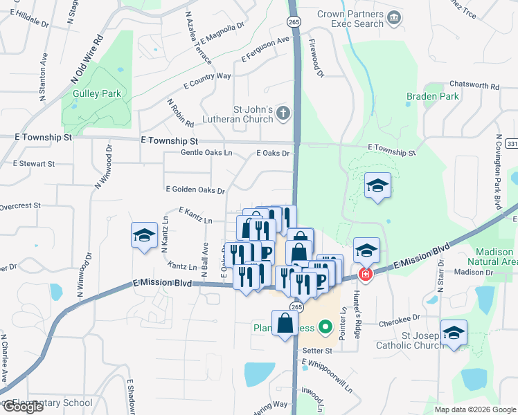 map of restaurants, bars, coffee shops, grocery stores, and more near 2624 Kantz Drive in Fayetteville