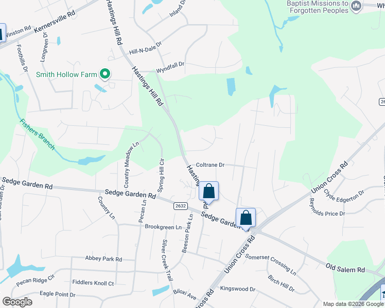 map of restaurants, bars, coffee shops, grocery stores, and more near 6101 Camberwell Lane in Kernersville