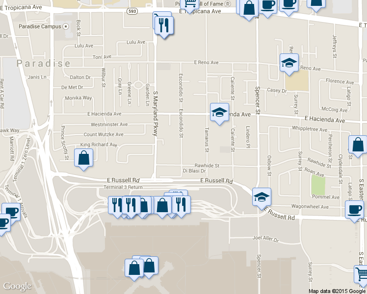 map of restaurants, bars, coffee shops, grocery stores, and more near 5440 Escondido St in Las Vegas