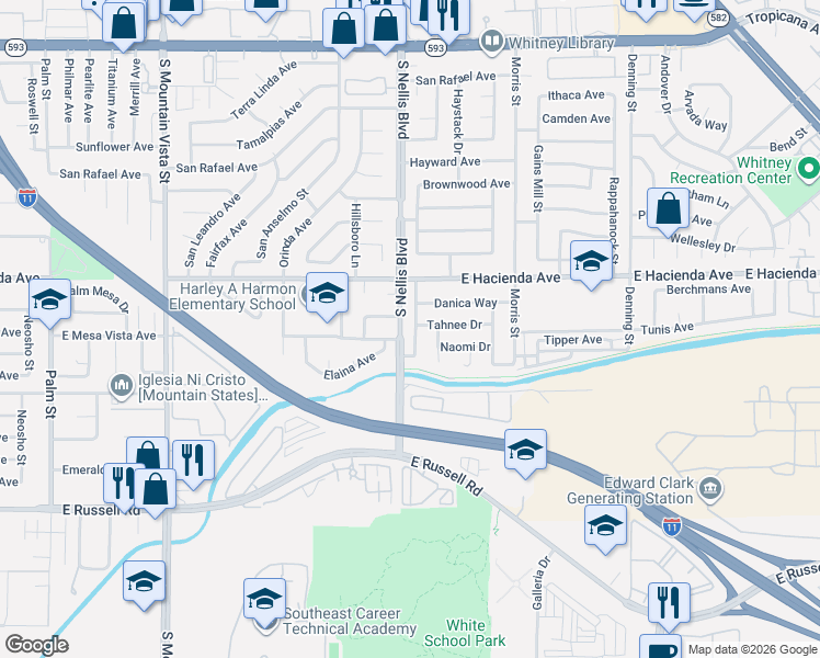 map of restaurants, bars, coffee shops, grocery stores, and more near 5385 Bridgette Way in Las Vegas