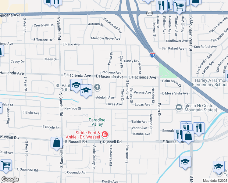 map of restaurants, bars, coffee shops, grocery stores, and more near 5384 Okaloosa Drive in Las Vegas