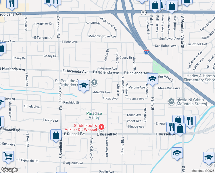 map of restaurants, bars, coffee shops, grocery stores, and more near 5384 Okaloosa Drive in Las Vegas