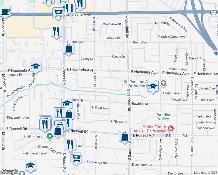 map of restaurants, bars, coffee shops, grocery stores, and more near 5391 South Bramble Lane in Las Vegas