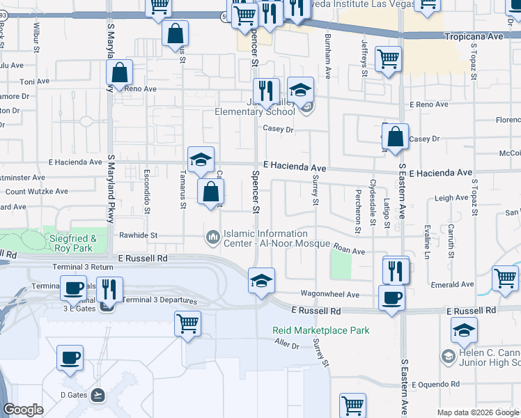 map of restaurants, bars, coffee shops, grocery stores, and more near 5429 Spencer Street in Las Vegas
