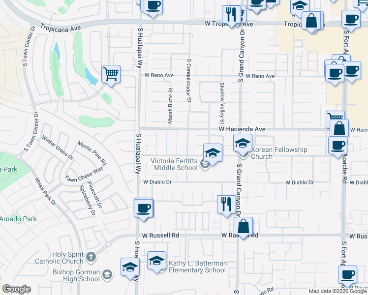 map of restaurants, bars, coffee shops, grocery stores, and more near 5358 South Conquistador Street in Las Vegas