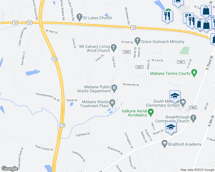 map of restaurants, bars, coffee shops, grocery stores, and more near 636 Corregidor Street in Mebane
