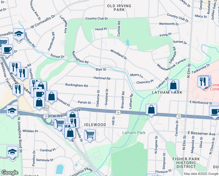 map of restaurants, bars, coffee shops, grocery stores, and more near 1210 Grayland Street in Greensboro
