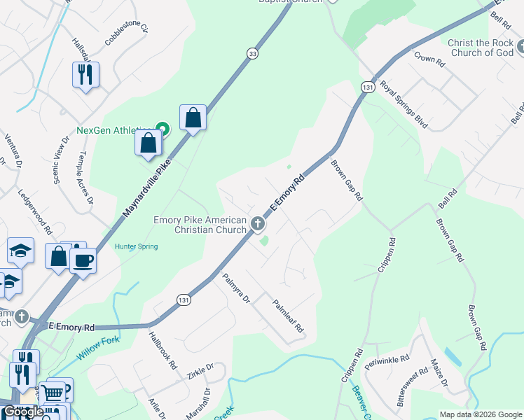 map of restaurants, bars, coffee shops, grocery stores, and more near 4857 East Emory Road in Knoxville