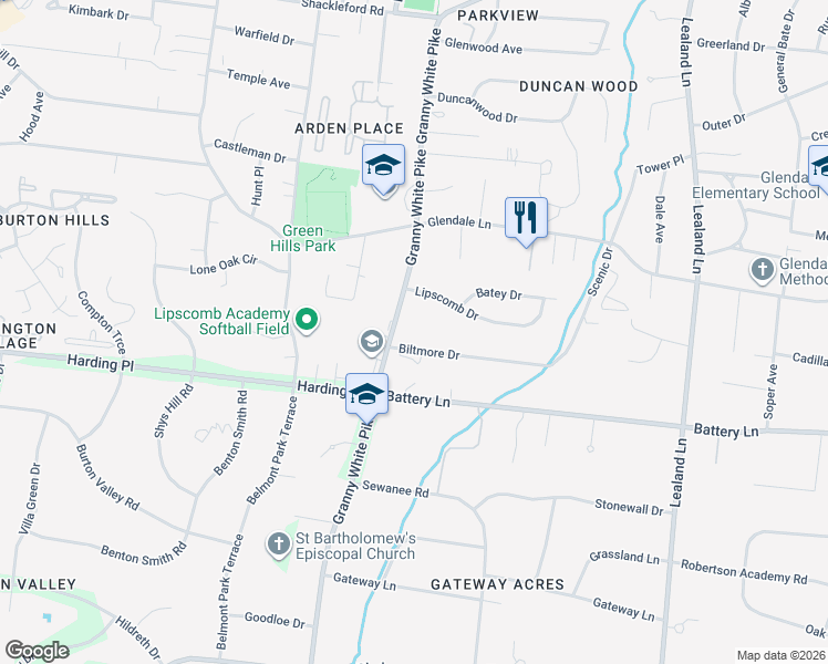 map of restaurants, bars, coffee shops, grocery stores, and more near 4514 Granny White Pike in Nashville