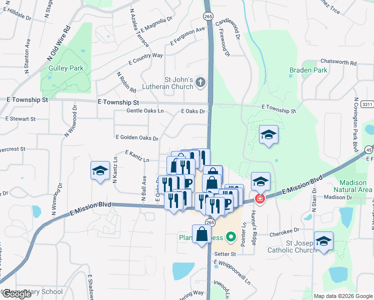 map of restaurants, bars, coffee shops, grocery stores, and more near 2624 Kantz Drive in Fayetteville