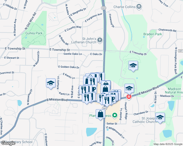 map of restaurants, bars, coffee shops, grocery stores, and more near 2624 Kantz Drive in Fayetteville