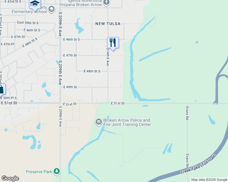 map of restaurants, bars, coffee shops, grocery stores, and more near 21460 East 49th Street in Broken Arrow