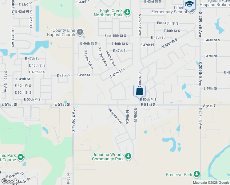 map of restaurants, bars, coffee shops, grocery stores, and more near 5001 South 196th East Avenue in Broken Arrow