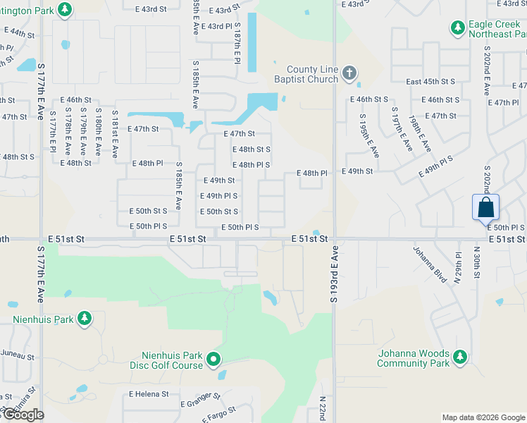 map of restaurants, bars, coffee shops, grocery stores, and more near 18901 East 50th Street South in Tulsa