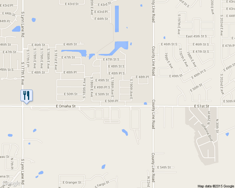 map of restaurants, bars, coffee shops, grocery stores, and more near 18901 East 50th Street South in Tulsa