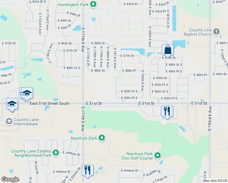 map of restaurants, bars, coffee shops, grocery stores, and more near 4956 South 182nd East Avenue in Tulsa