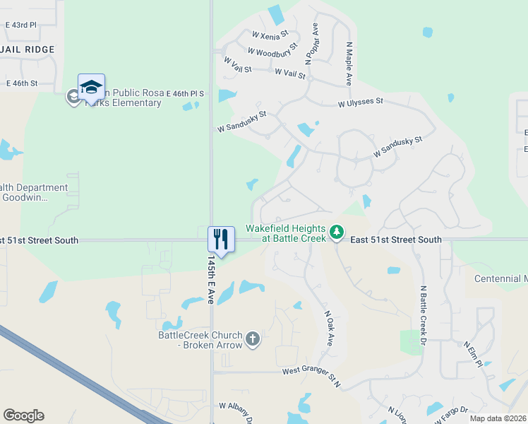 map of restaurants, bars, coffee shops, grocery stores, and more near 3928 North Pine Avenue in Broken Arrow