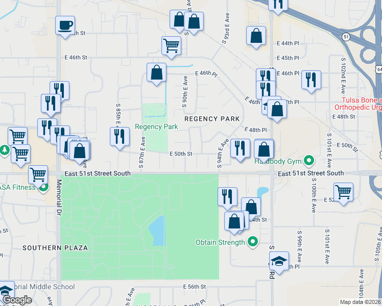 map of restaurants, bars, coffee shops, grocery stores, and more near 9009 East 50th Street in Tulsa